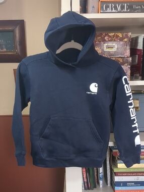 Carhartt Boys Navy Pullover Hoodie with White Logo Size 8/10